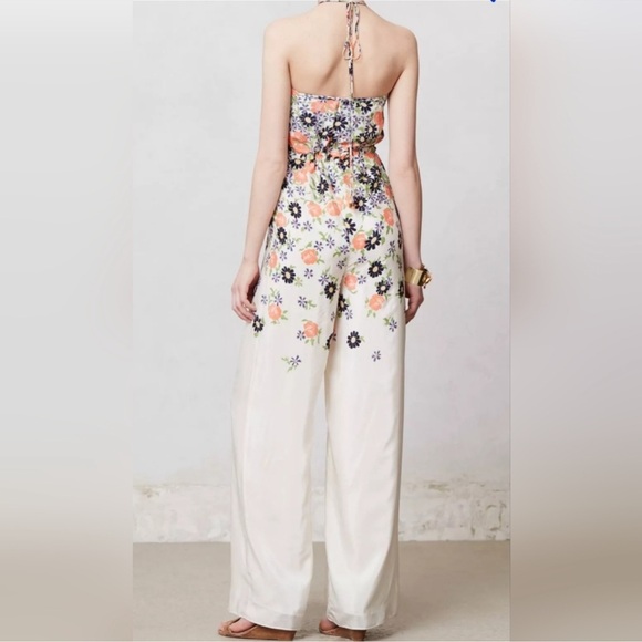 Elevenses Anthropologie Floral Silk Jumpsuit with Coral Accents - Picture 2 of 12
